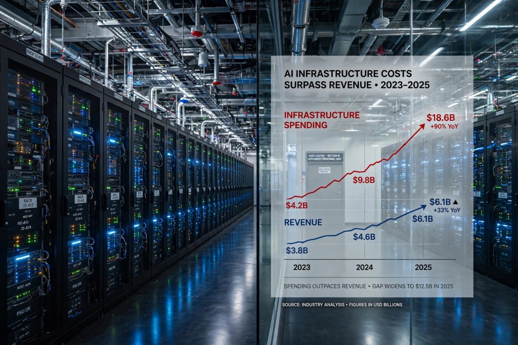 The AI Math Isn’t Mathing: Infrastructure Spending Is Outpacing Revenue Rows of glowing servers inside a large AI data centre with rising cost charts reflected in glass.